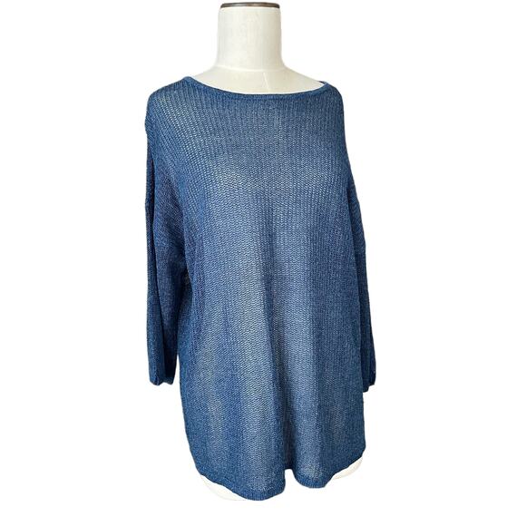 J. Jill Boxy Spring Sweater Womens Sz L Blue Open Knit Pullover Crew Neck - Picture 1 of 10